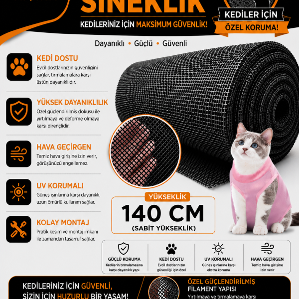 Kedi Sineklik Tülü – Güçlendirilmiş Dayanıklı Tül 140 CM YÜKSEKLİK