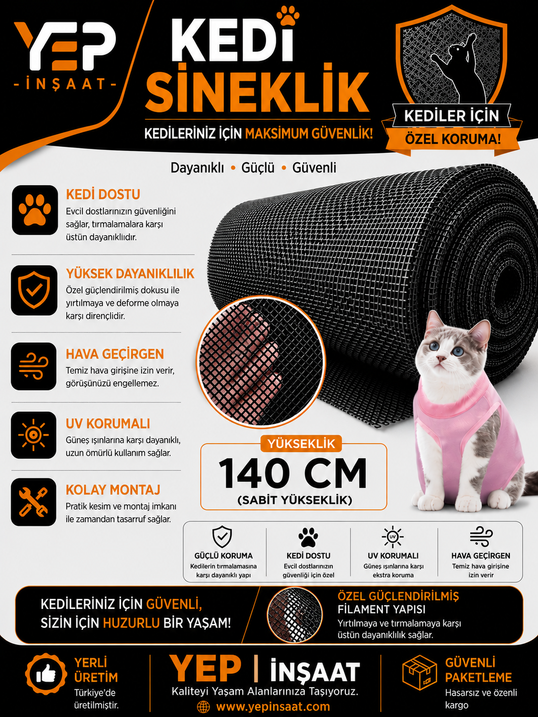140 CM KEDİ Kedi Sineklik Tülü – Güçlendirilmiş Dayanıklı Tül 140 CM YÜKSEKLİK - Görsel 1