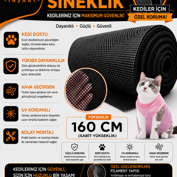 Kedi Sineklik Tülü – Güçlendirilmiş Dayanıklı Tül 160 CM YÜKSEKLİK