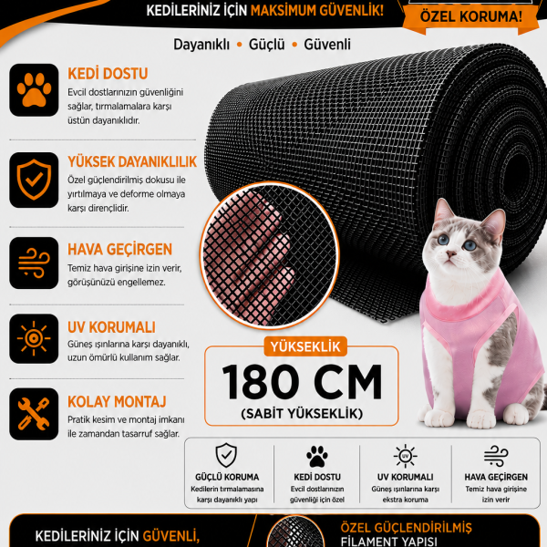 Kedi Sineklik Tülü – Güçlendirilmiş Dayanıklı Tül 180 CM YÜKSEKLİK