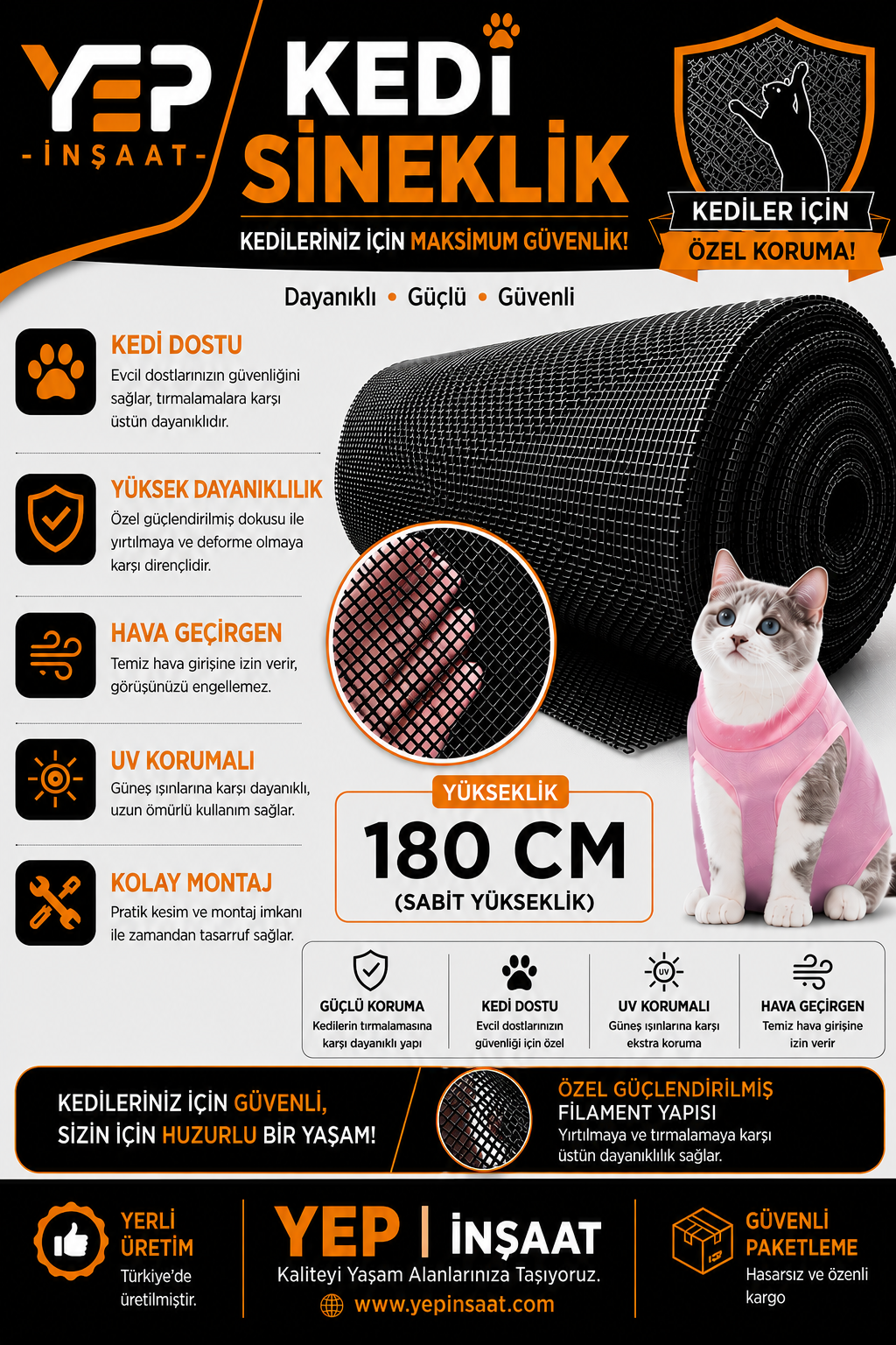 180 CM KEDİ Kedi Sineklik Tülü – Güçlendirilmiş Dayanıklı Tül 180 CM YÜKSEKLİK - Görsel 1