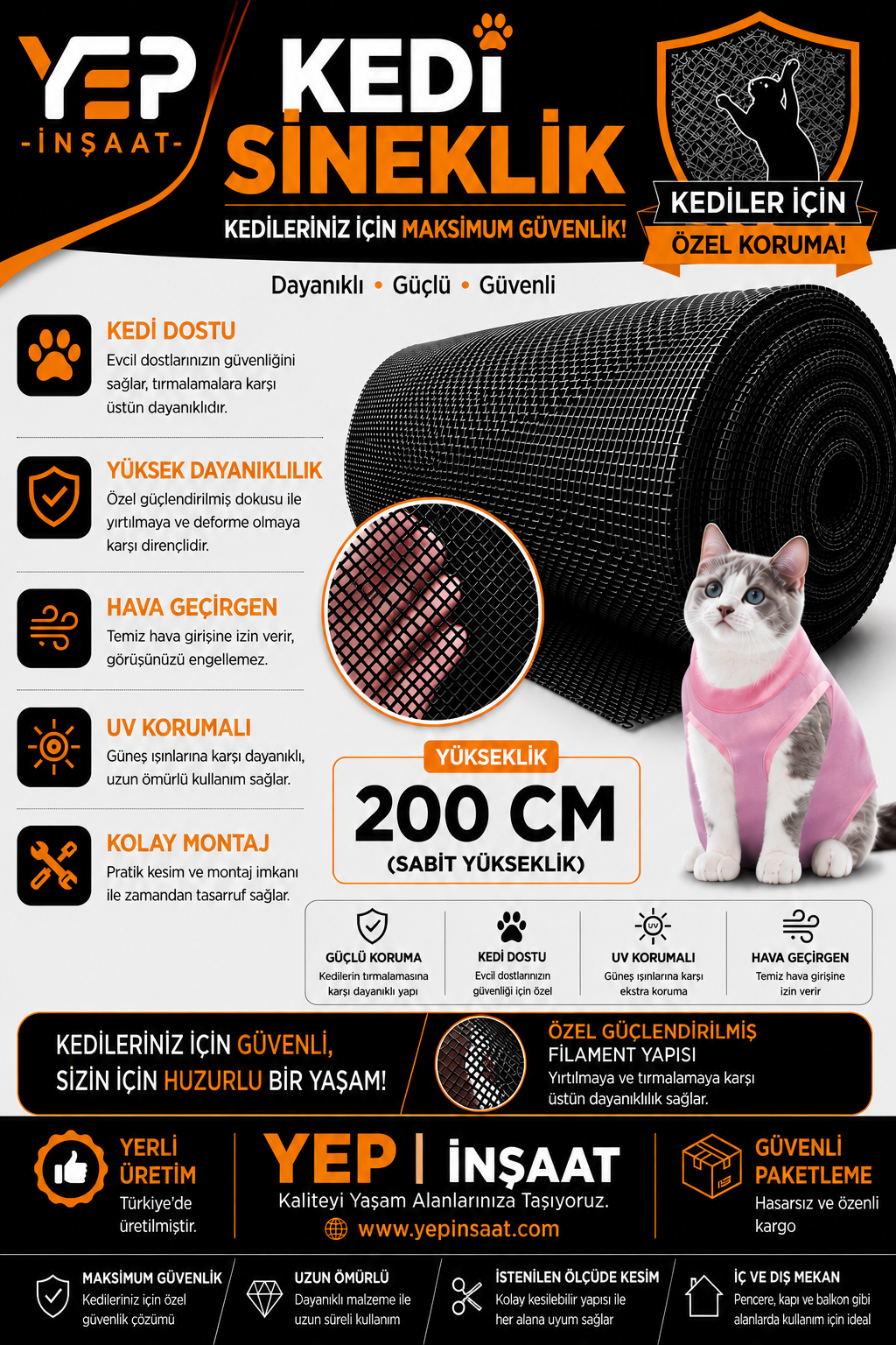 200 CM KEDİ Kedi Sineklik Tülü – Güçlendirilmiş Dayanıklı Tül 200 CM YÜKSEKLİK - Görsel 1