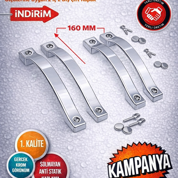 Yep İnşaat Parlak Krom -Siyah Duşakabin Cam Kapı Kulpu 160 mm – 2 Iç 2 Dış Çift Kapak Ay Kulp – 4 Adet Kare Kulp Seti