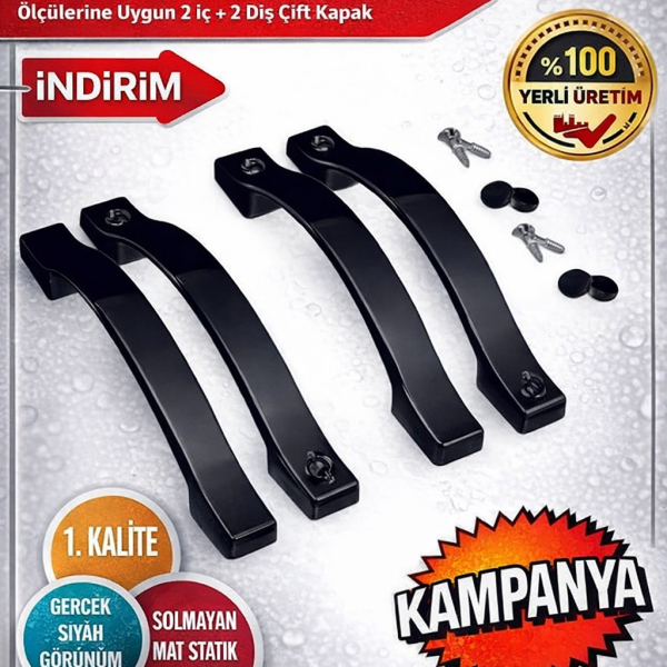 Yep İnşaat Parlak Krom -Siyah Duşakabin Cam Kapı Kulpu 160 mm – 2 Iç 2 Dış Çift Kapak Ay Kulp