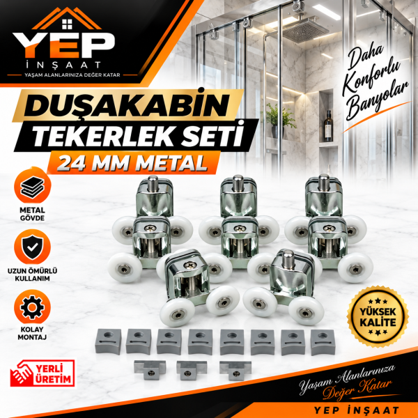 YEP İnşaat 24 MM Metal Duşakabin Tekerlek Takımı – Krom – Komple Set