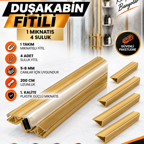 1 Mıknatıs + 4 Suluk Gold Duşakabin Fitil Seti – 5-6 mm Cam Uyumlu, 200 cm