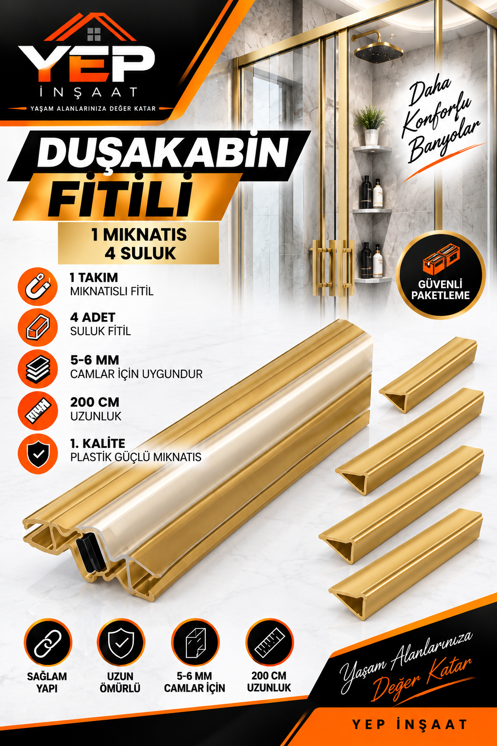 GOLD 1 M 4 S 200 1 Mıknatıs + 4 Suluk Gold Duşakabin Fitil Seti – 5-6 mm Cam Uyumlu, 200 cm - Görsel 1