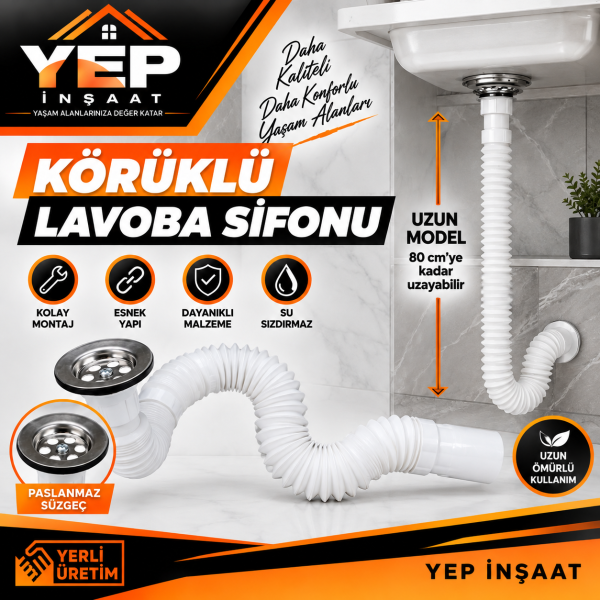 YEP İnşaat Uzun Körüklü Lavabo Sifonu – Paslanmaz Süzgeçli, Esnek ve Uzayabilir Model