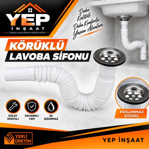 YEP İnşaat Körüklü Lavabo Sifonu – Paslanmaz Süzgeçli, Esnek ve Kolay Montaj