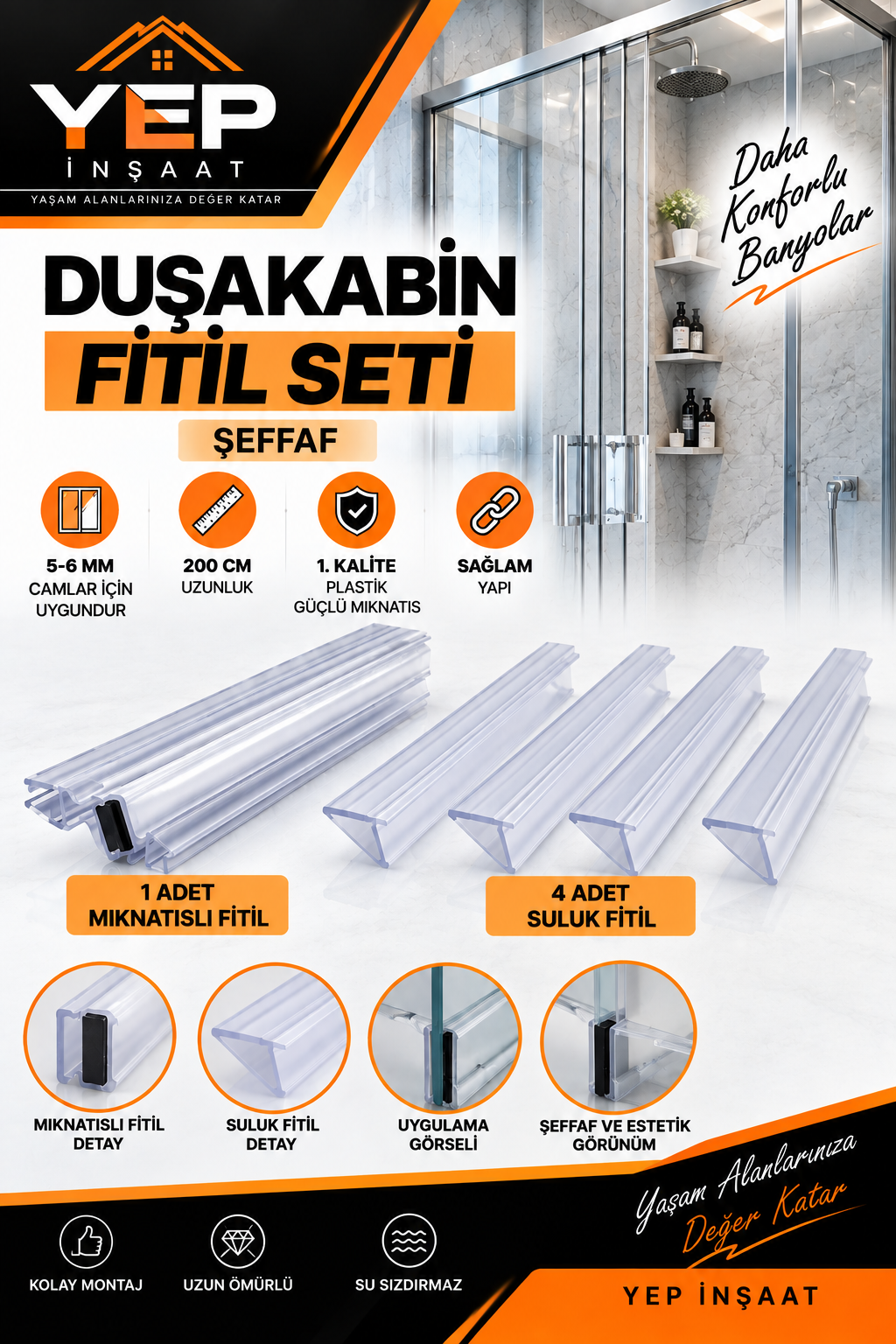 ŞEFFAF 1 M 4 S 200 1 Mıknatıs + 4 Suluk Duşakabin Fitil Seti – Şeffaf, 5-6 mm, 200 cm - Görsel 1