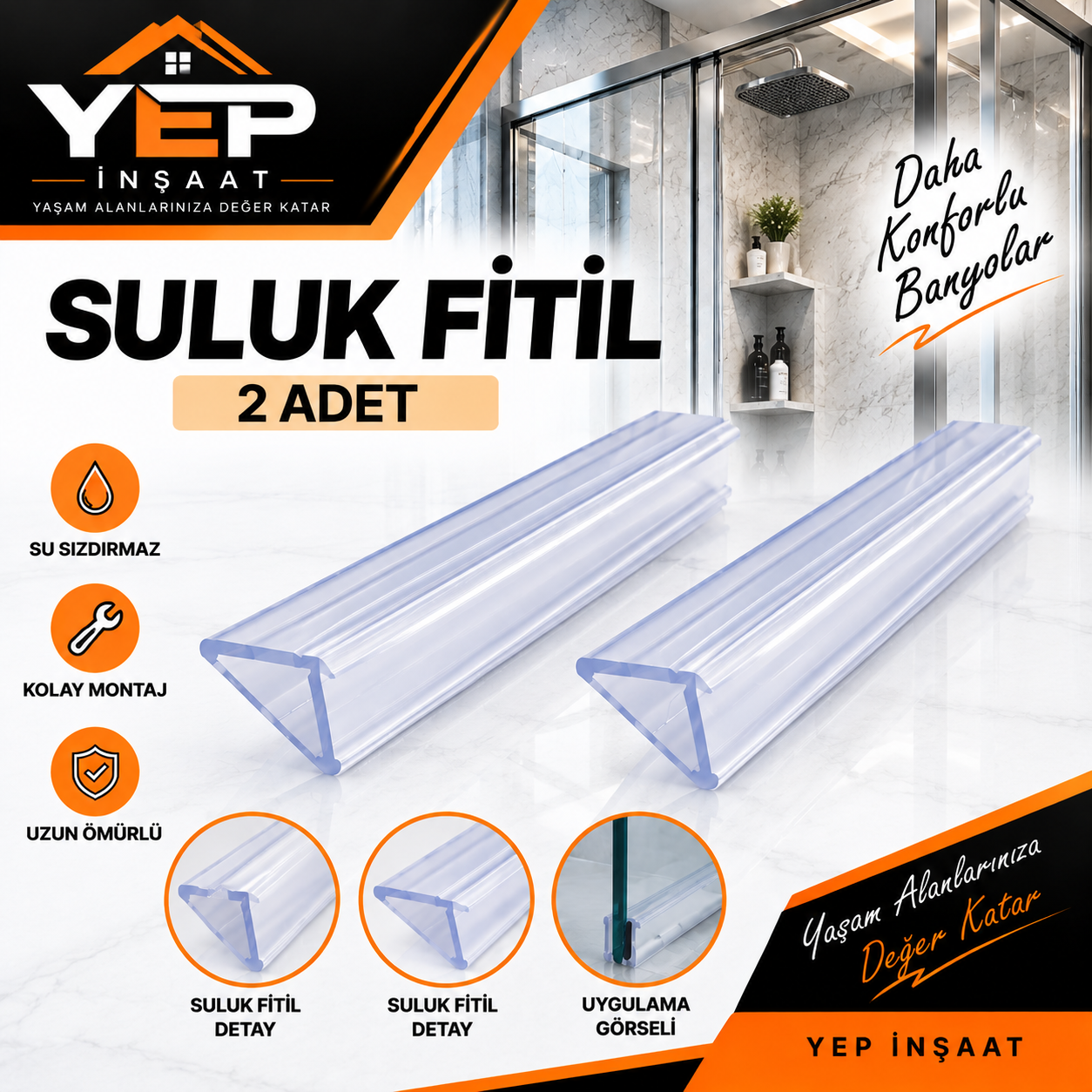 ŞEFFAF 2 S200 2 Adet Duşakabin Suluk Fitili – Şeffaf, 5-6 mm Cam Uyumlu, 200 cm - Görsel 1