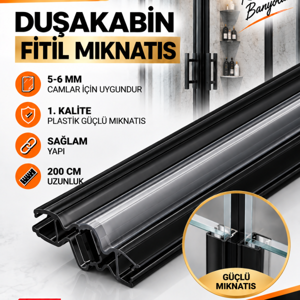 1 Adet Siyah Mıknatıslı Duşakabin Fitili – 5-6 mm Cam Uyumlu, 200 cm