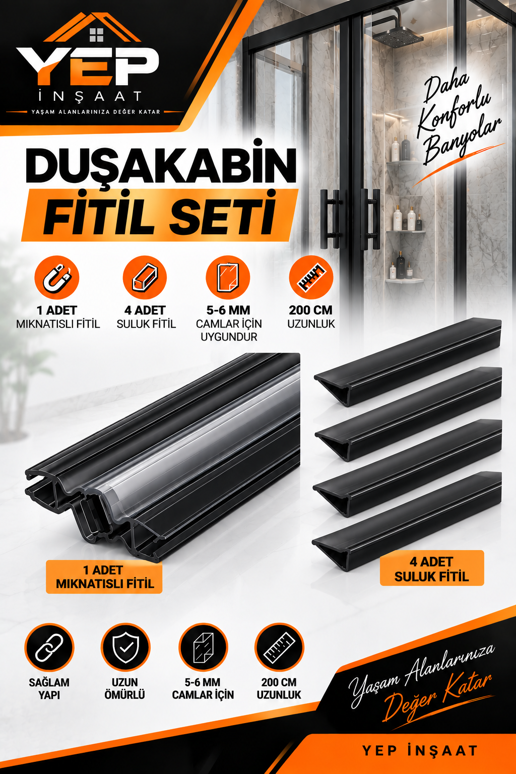 SİYAH 1 MIKNATIS 4 SULUK 1 Mıknatıs + 4 Suluk Siyah Duşakabin Fitil Seti – 5-6 mm Cam Uyumlu, 200 cm - Görsel 1
