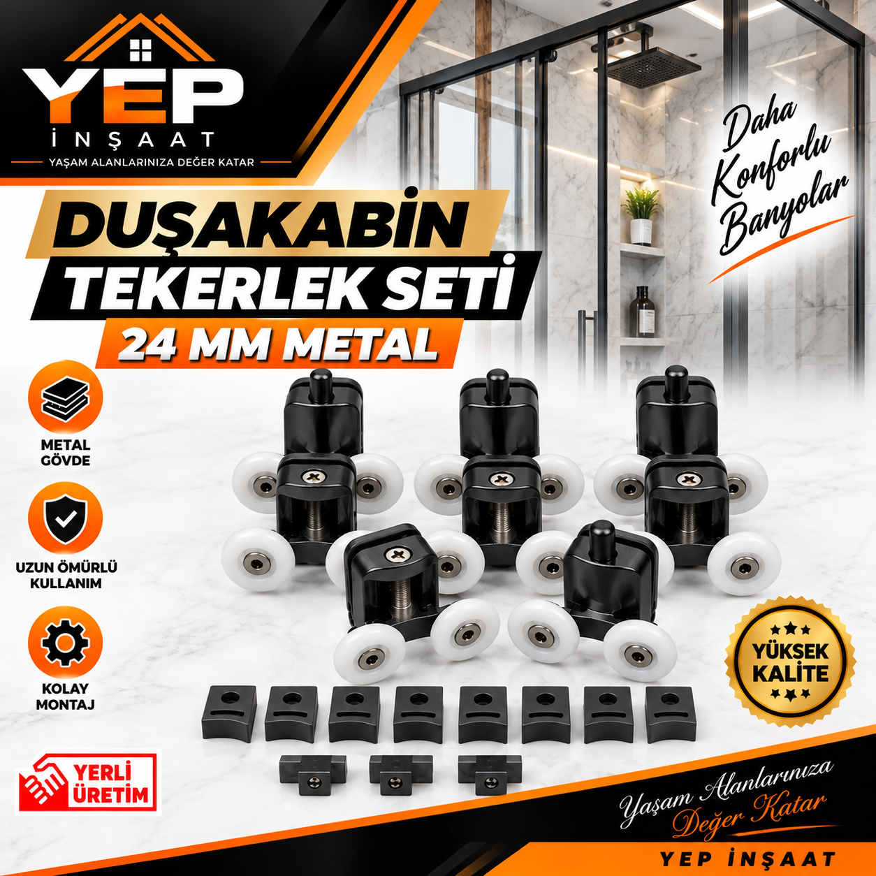 SİYAH METAL 24 MM YEP İnşaat 24 MM Metal Duşakabin Tekerlek Seti – Siyah – Komple Set - Görsel 1